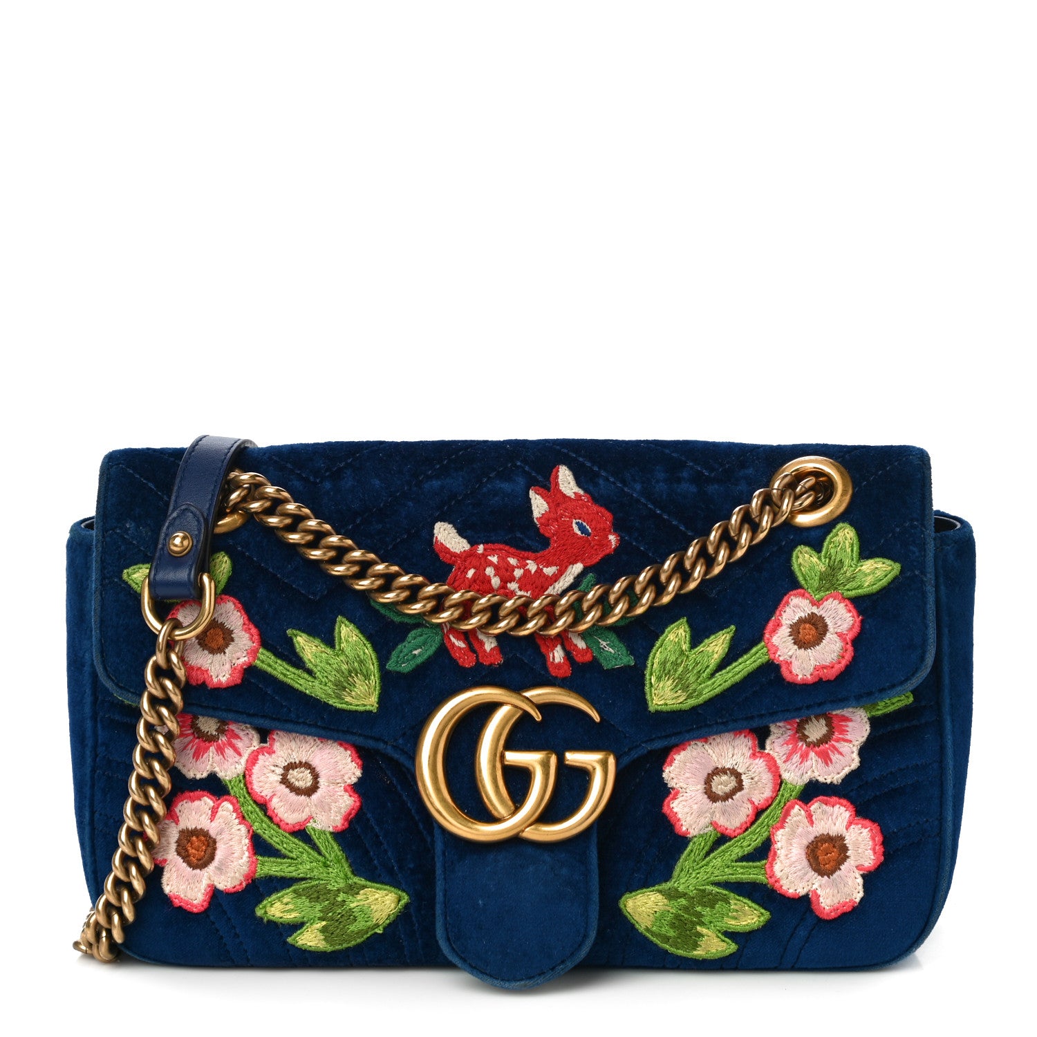 Gucci Velvet Matelasse Deer Embroidered Small GG Marmont Shoulder Bag Cobalt 1 of 13