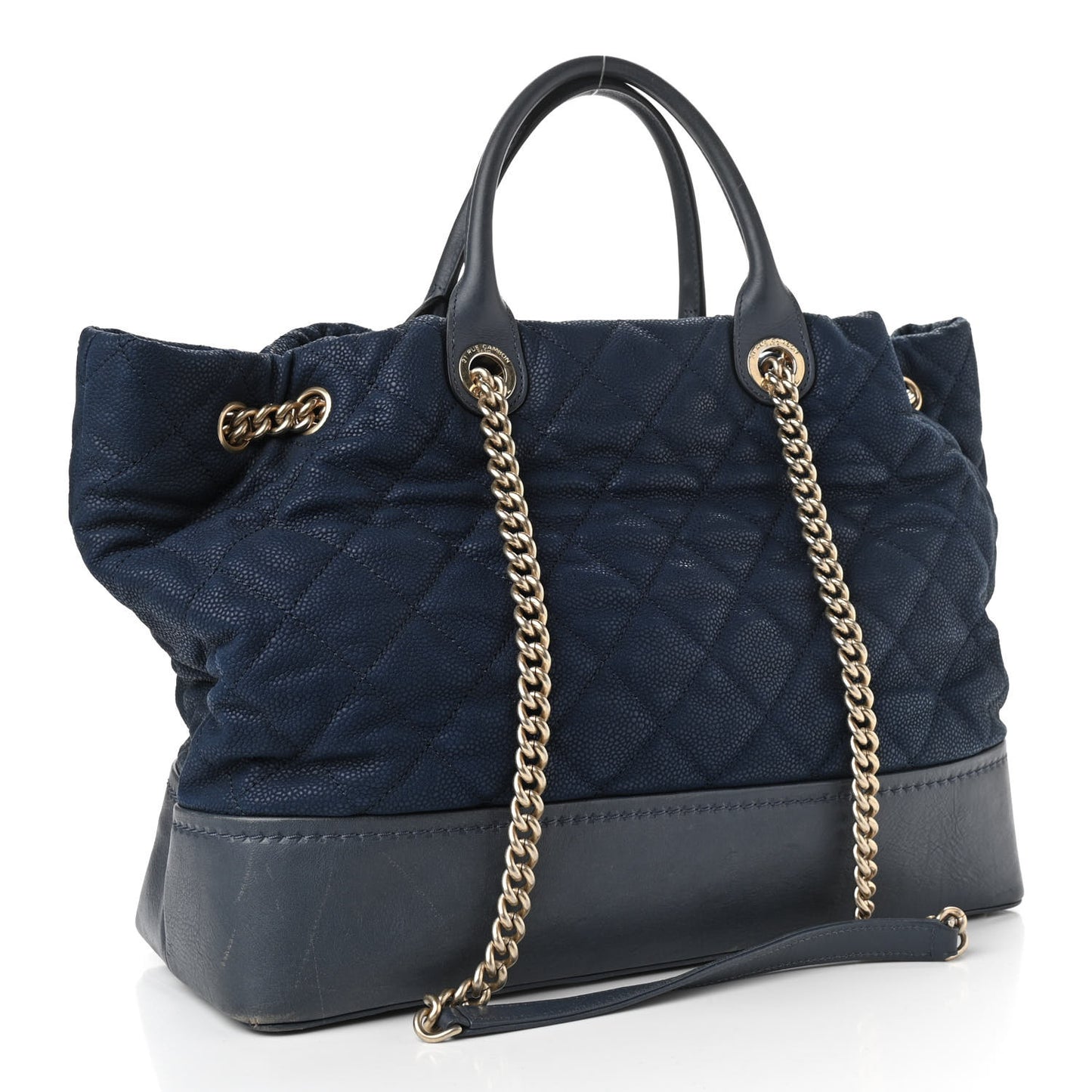 Iridescent Caviar Quilted Globe Trotter Shopping Tote Navy Blue