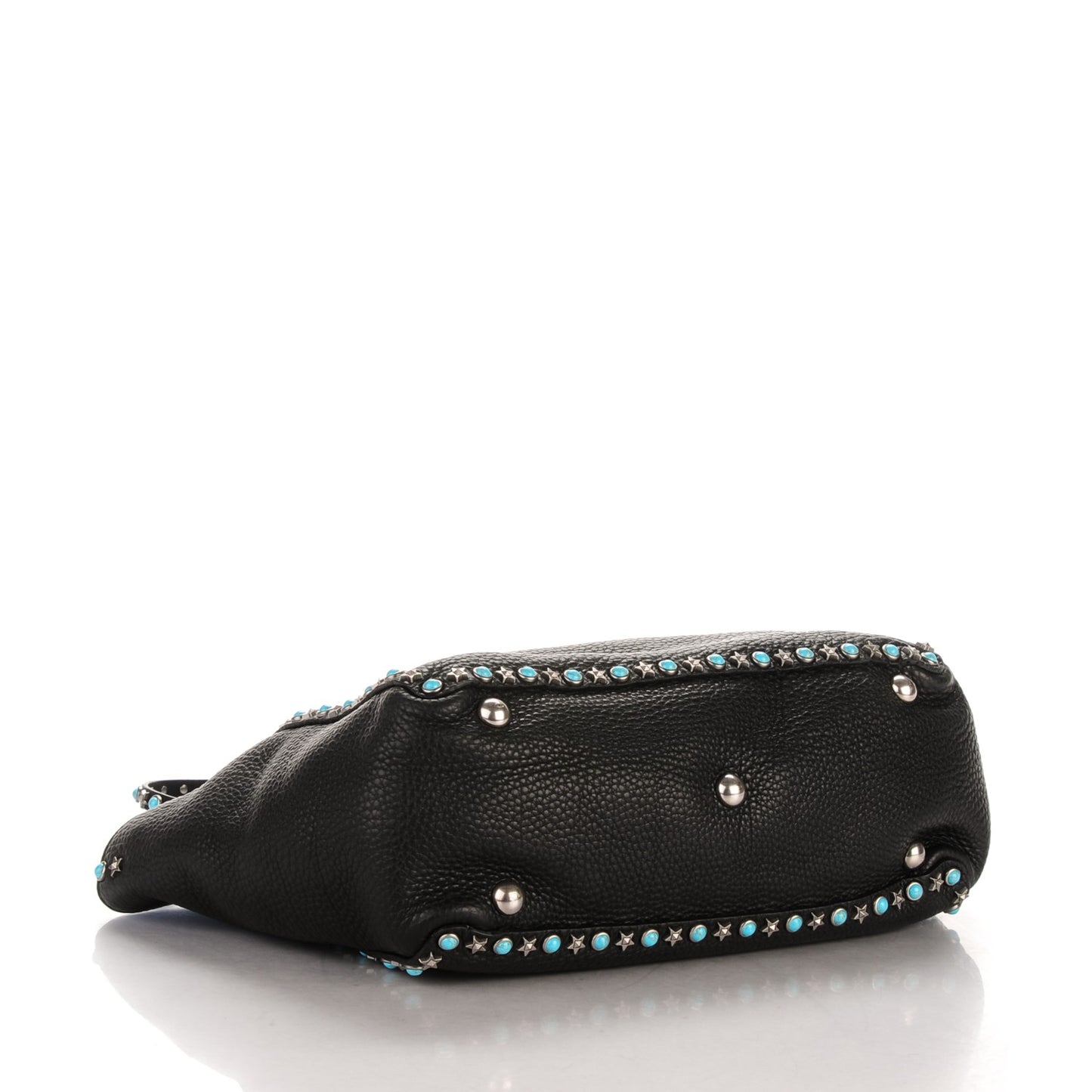 Grained Calfskin Turquoise Star Studded Medium Rockstud Rolling Tote Black