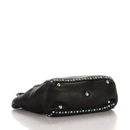 Valentino Garavani Grained Calfskin Turquoise Star Studded Medium Rockstud Rolling Tote Black 4 of 8