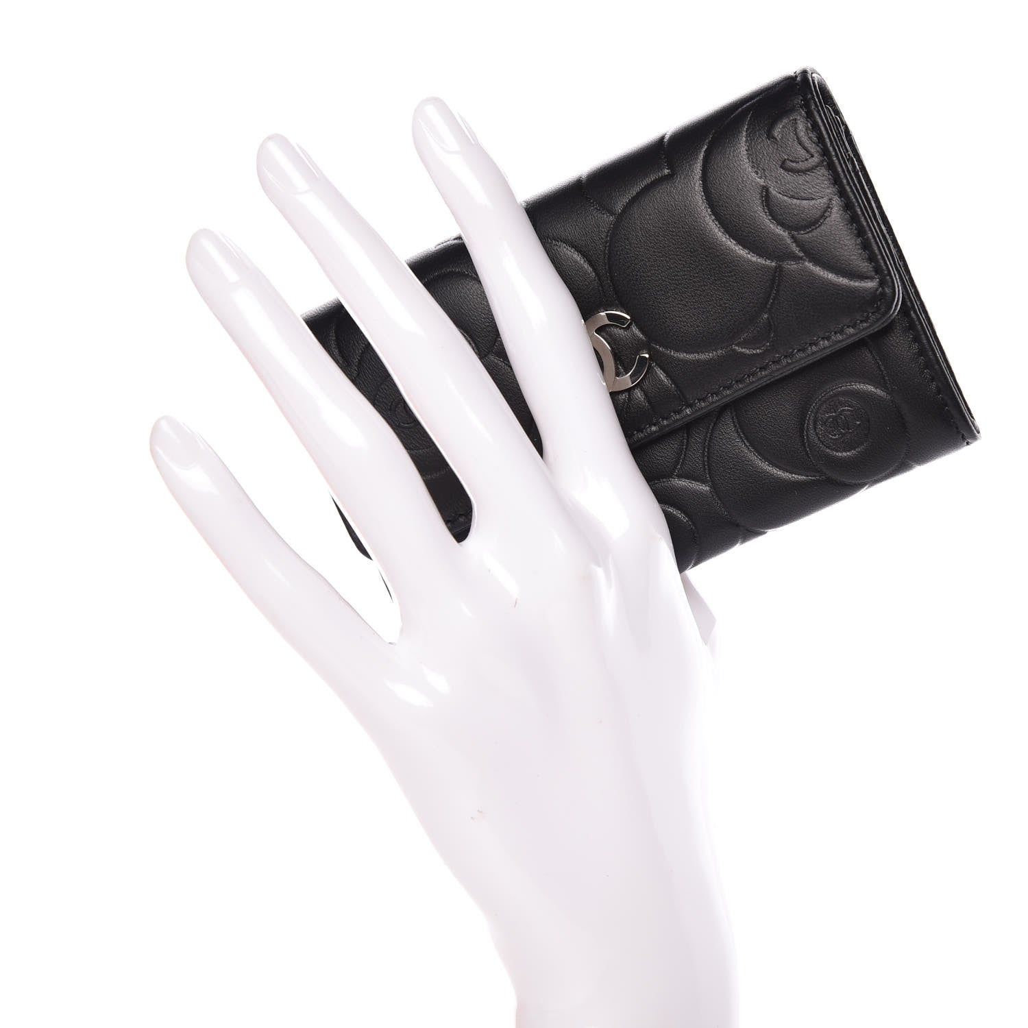 Chanel Lambskin Camellia Embossed Card Holder Wallet Black 2 of 11