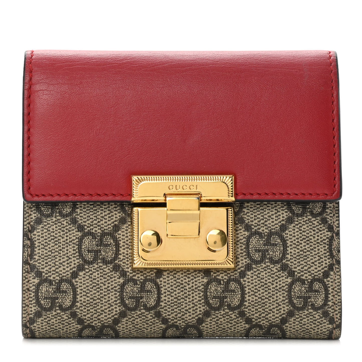 GG Supreme Monogram Calfskin Padlock Wallet Beige Hibiscus Red New Rosette