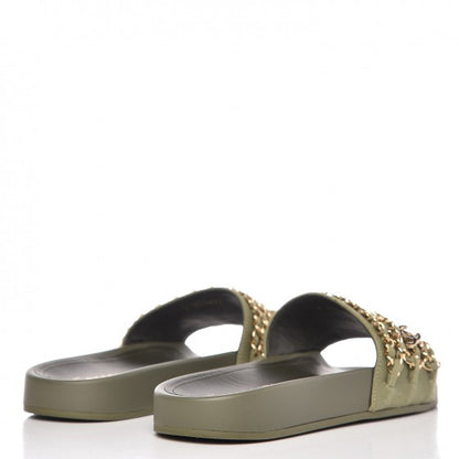 Chanel Canvas Chain Flat Sandals 36 Khaki 4 of 9