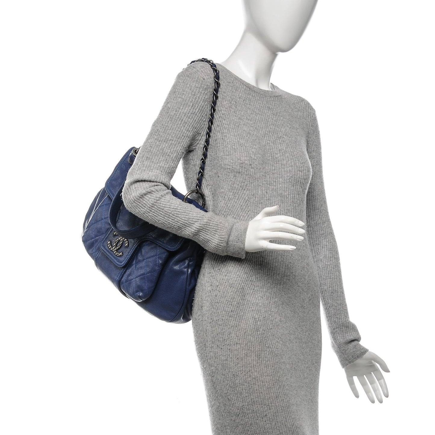 Glazed Caviar Flap Hobo Dark Blue