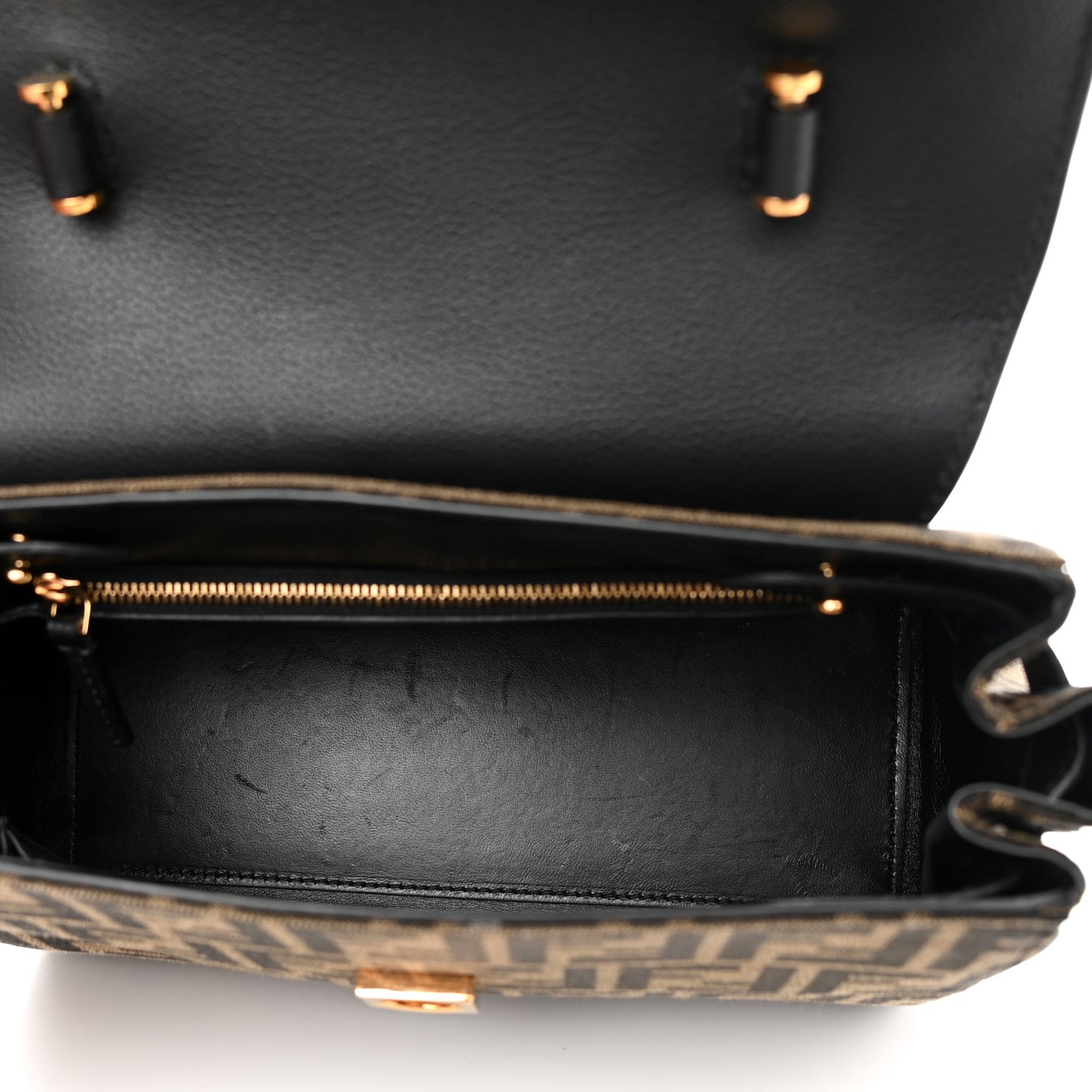 X FENDI Grained Calfskin Fendace Medium La Medusa Top Handle Bag Black Brown