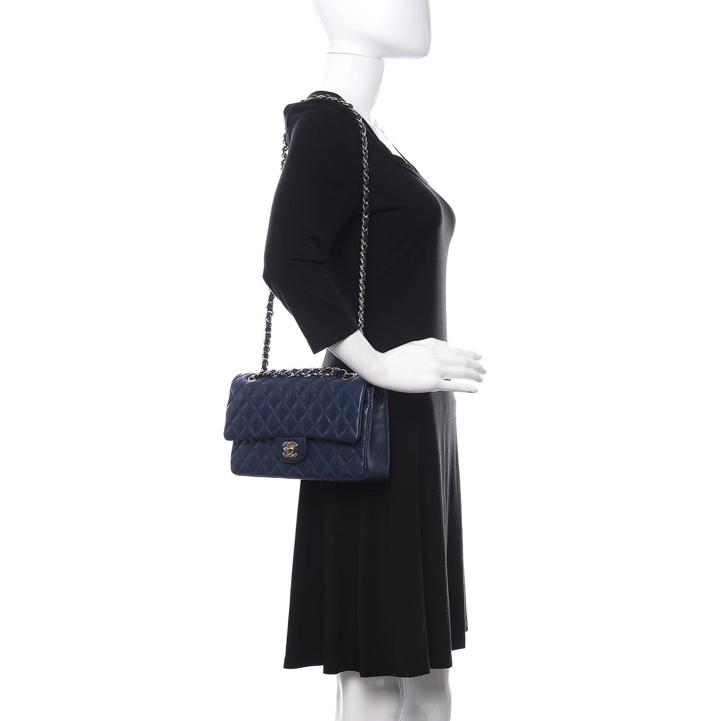 Caviar Quilted Medium Double Flap Navy