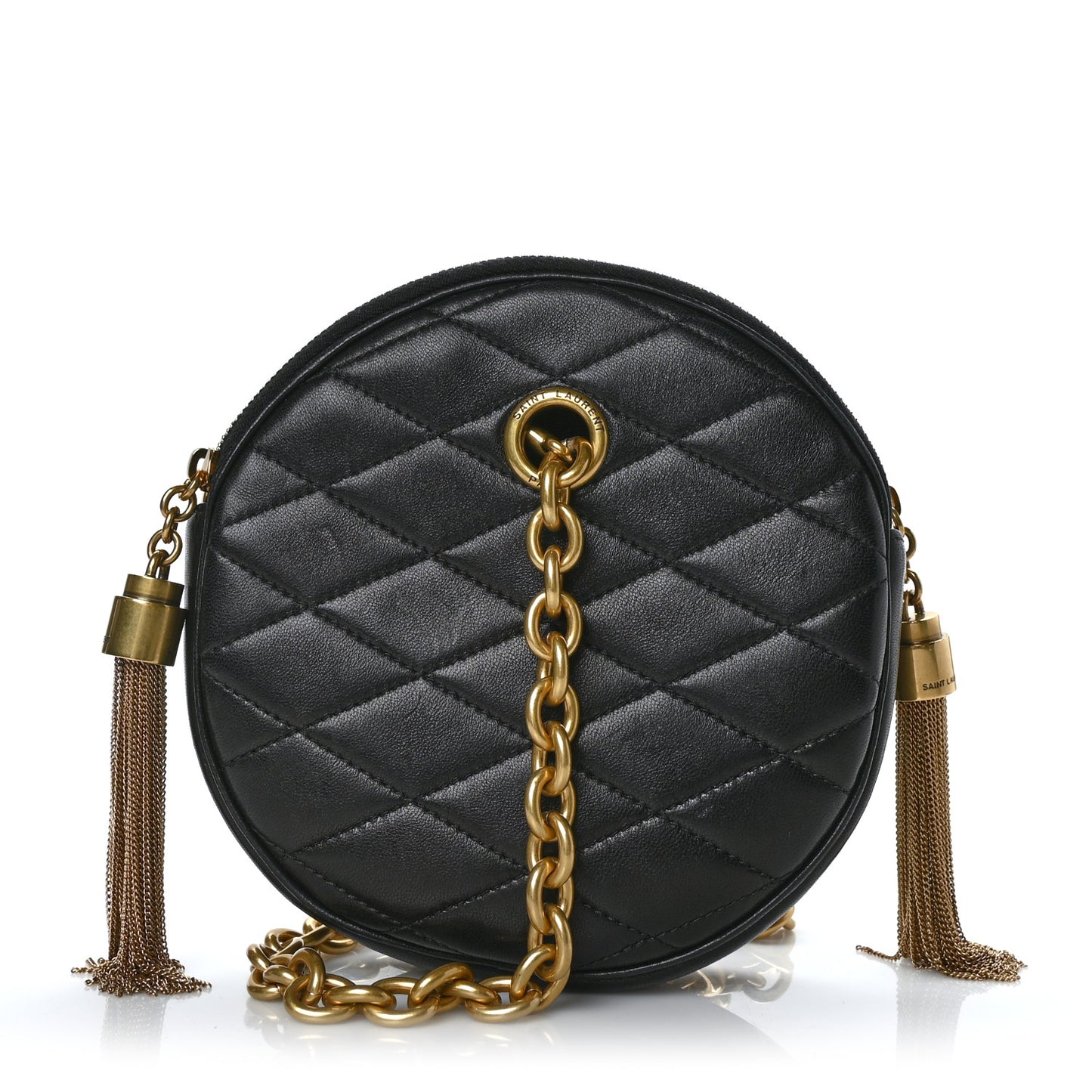 Lambskin Quilted Round Le Maillon Round Tassel Chain Crossbody Bag Black