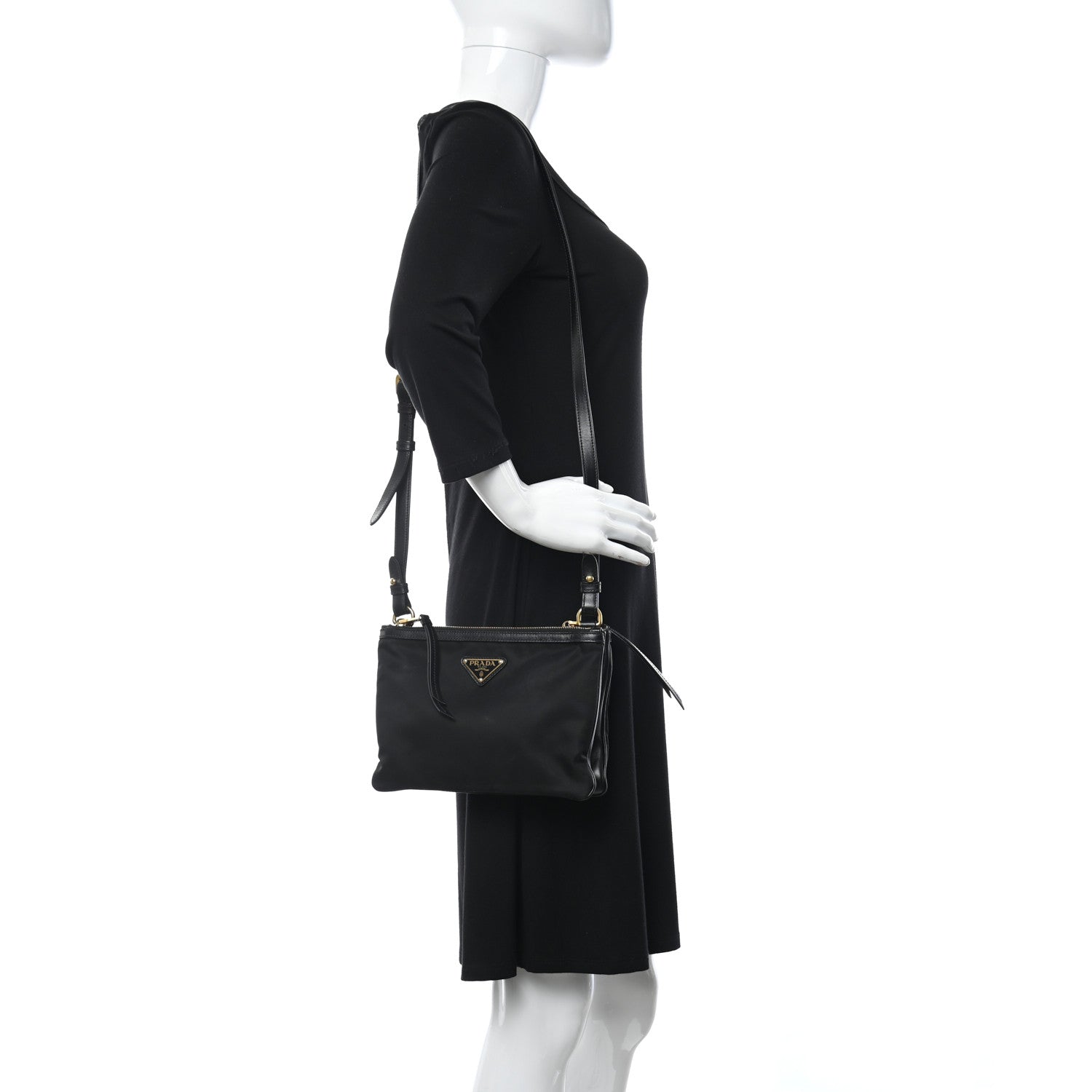 Prada Tessuto Nylon Soft Calf Double Zip Crossbody Bag Black 2 of 7