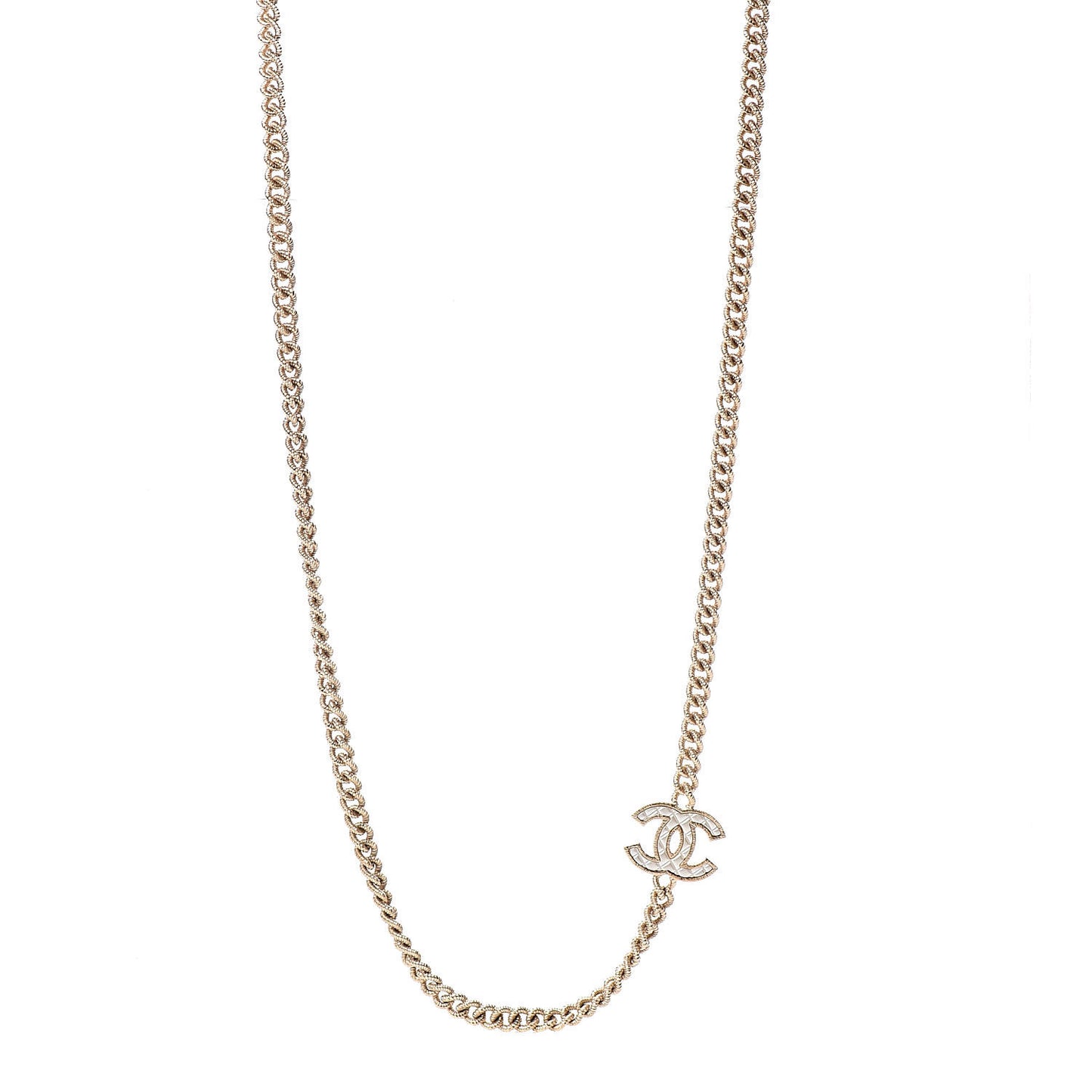 Quilted CC Long Chain Necklace Gold Pearly White