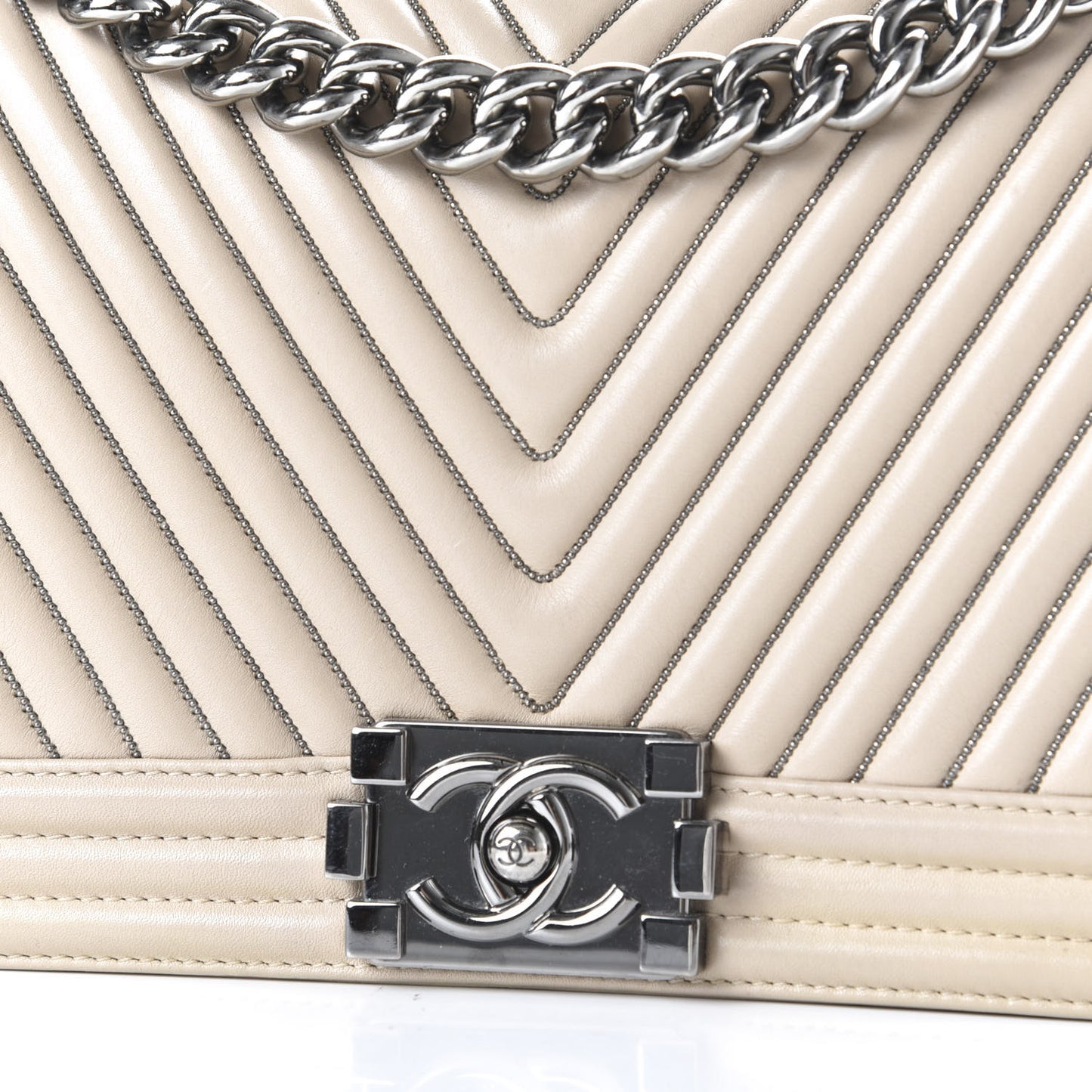 Calfskin Chevron Chain Medium Boy Flap Beige