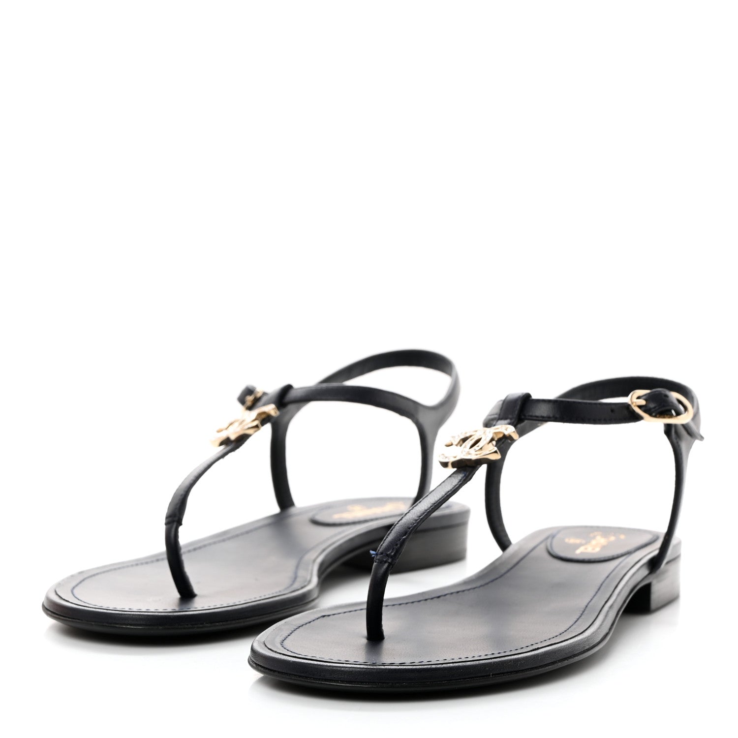 Chanel Lambskin Crystal CC Thong Sandals 37 Navy Blue 3 of 9