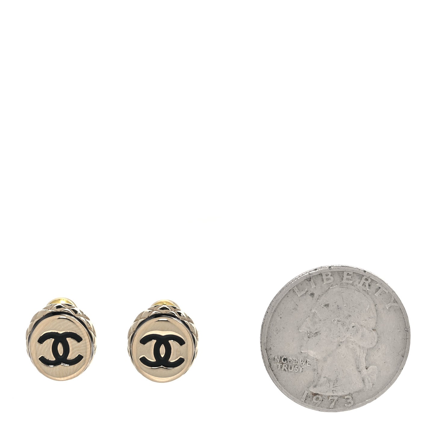 Metal Enamel Quilted CC Stud Earrings Gold Black