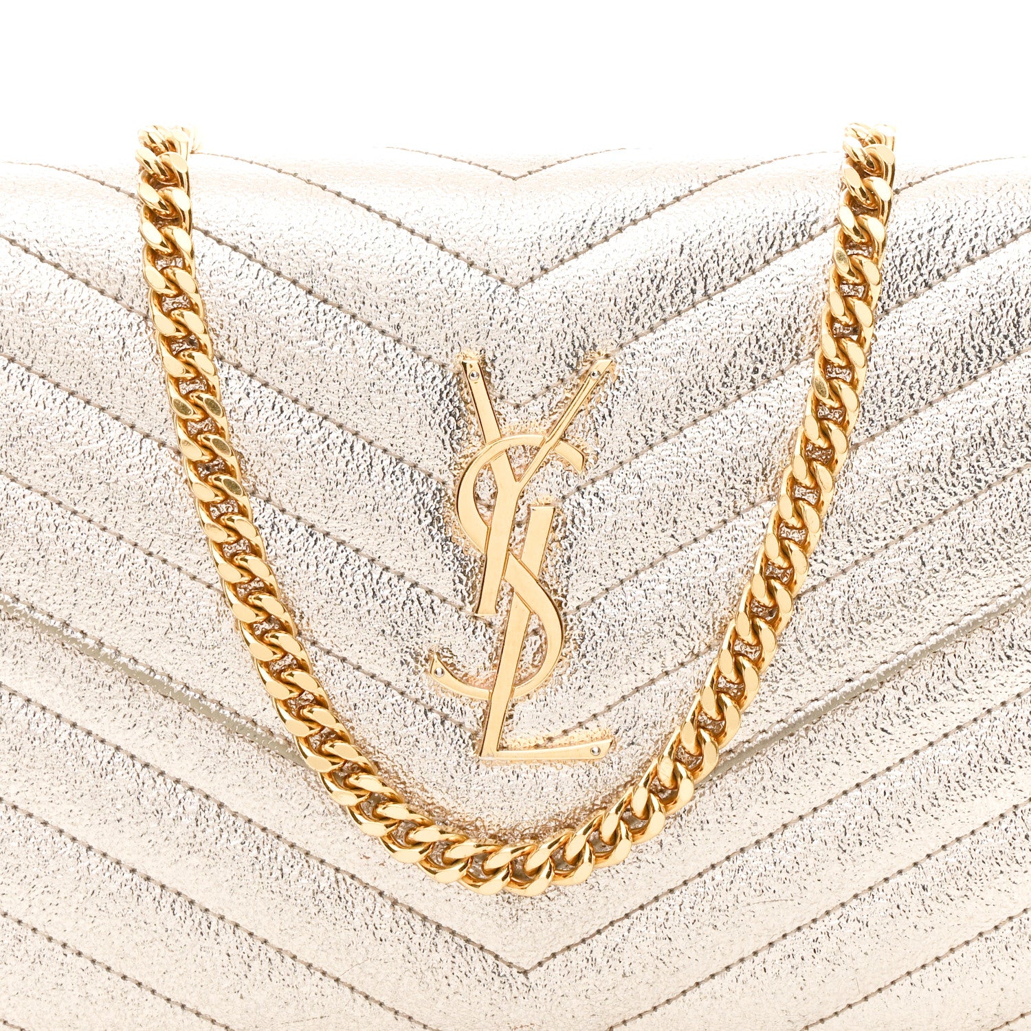 Saint Laurent Metallic Crackled Calfskin Matelasse Chevron Monogram Chain Wallet Gold 9 of 12