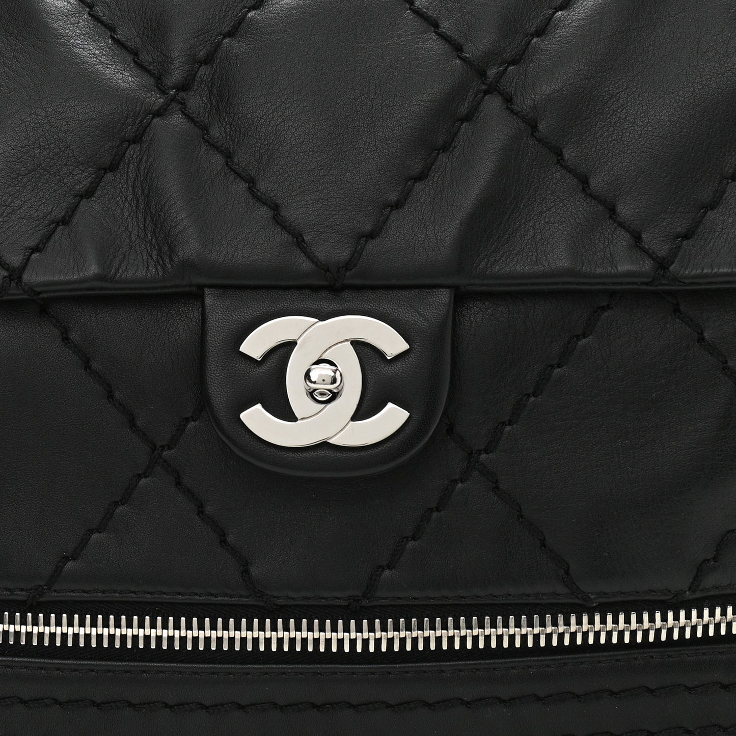 Calfskin Stitched Large Expandable Flap Bag Black