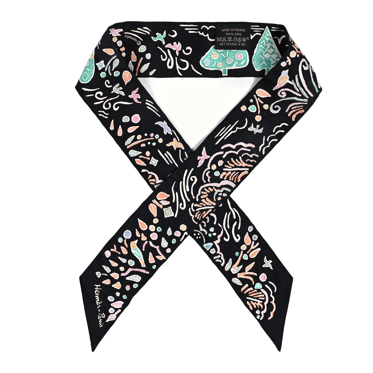 Hermes Silk Isola Di Primavera Twilly Black Vert Rose 1 of 3
