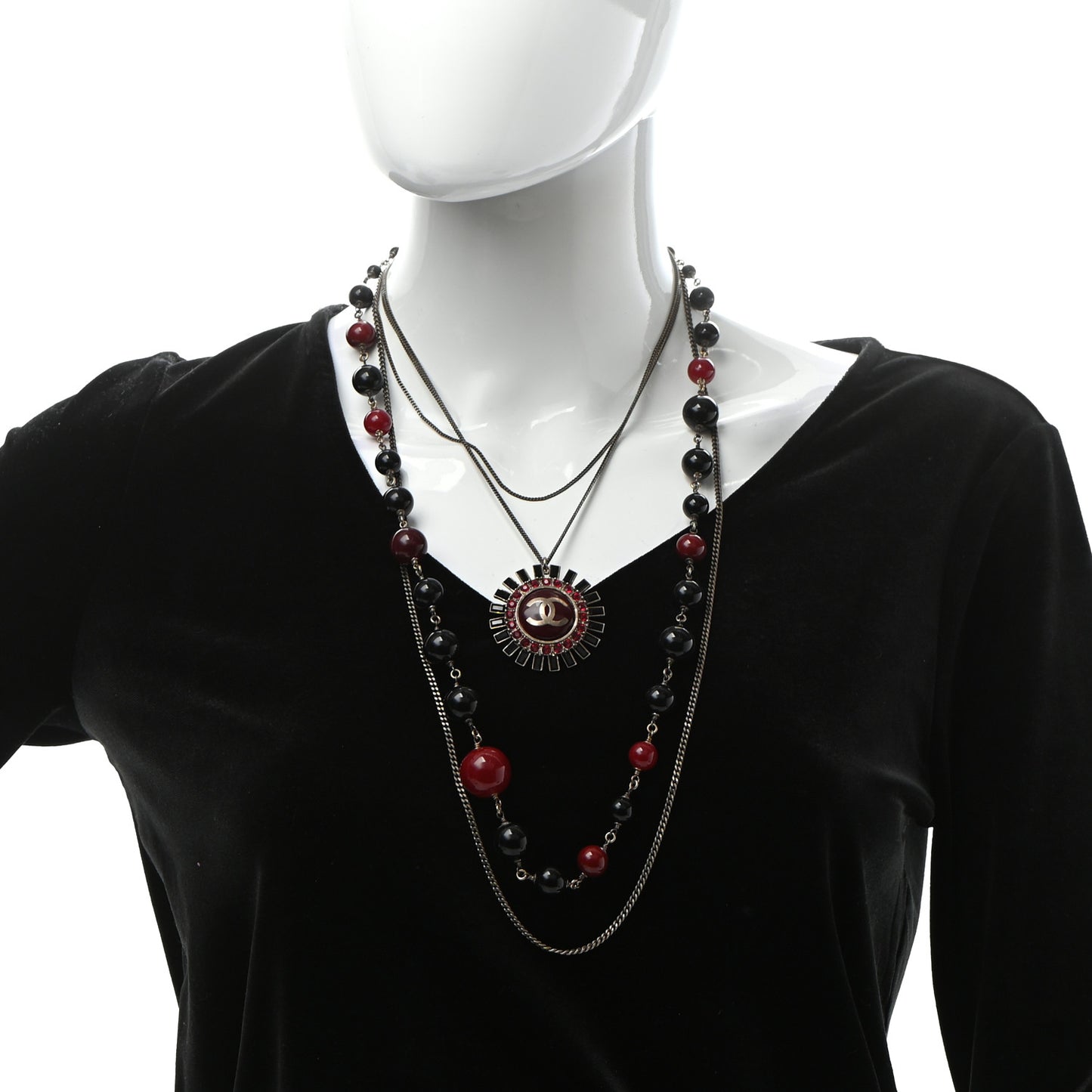 Gripoix Poured Glass Crystal Bead CC Layered Pendant Necklace Black Red Gold
