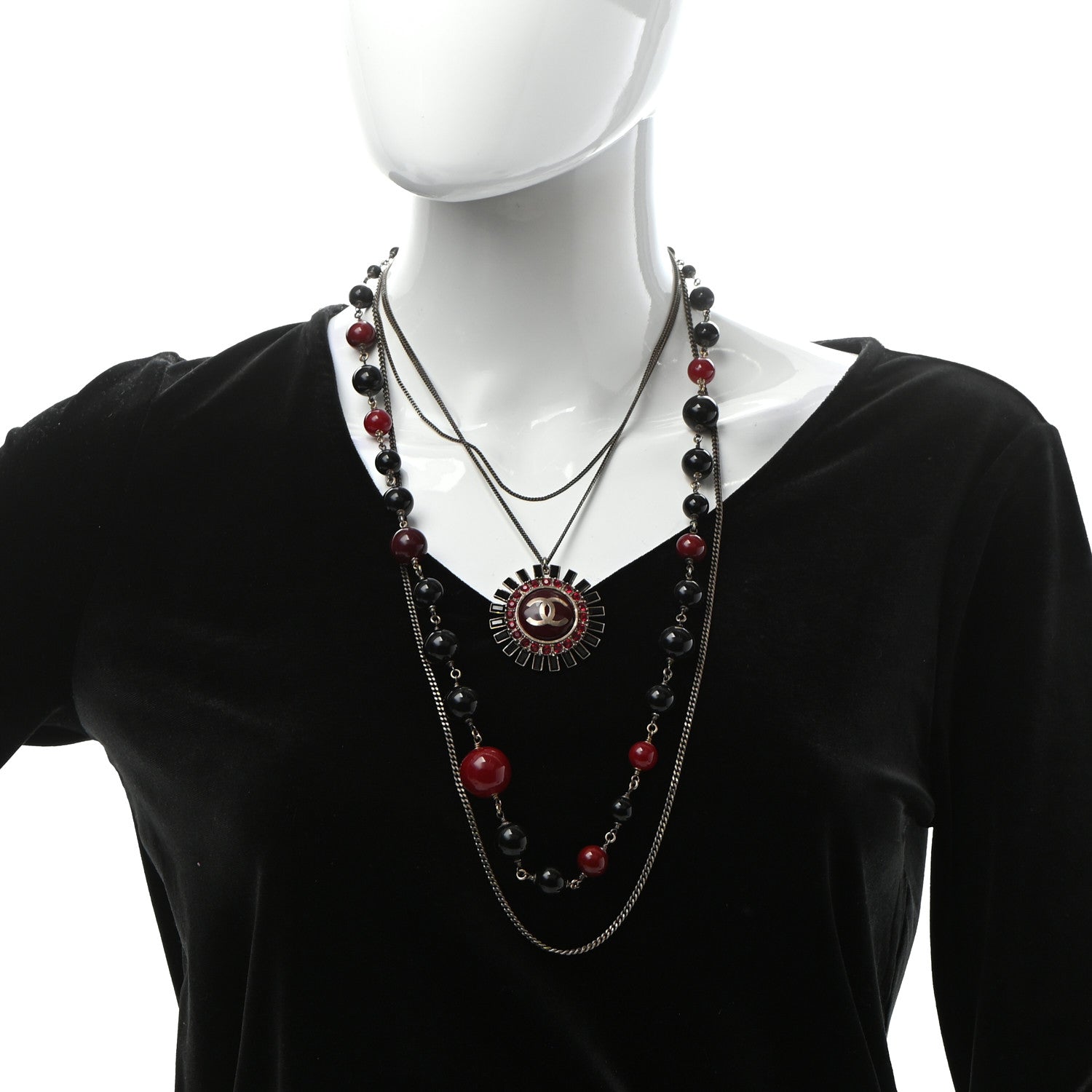 Chanel Gripoix Poured Glass Crystal Bead CC Layered Pendant Necklace Black Red Gold 2 of 5
