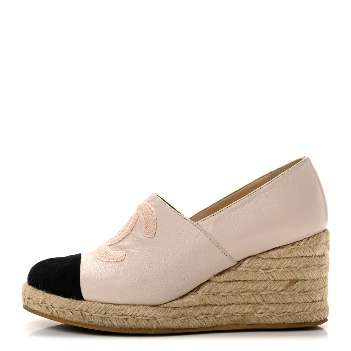 Chanel Lambskin Suede CC Espadrille Wedges 38 Beige Black 1 of 9