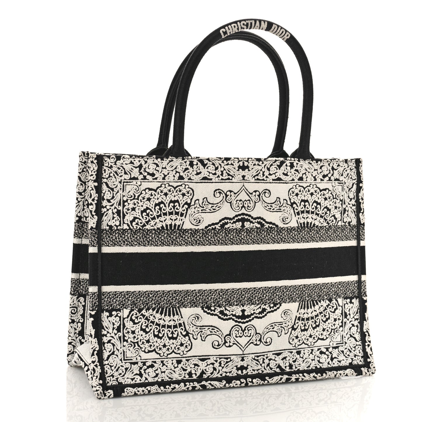 Canvas Embroidered Medium Ornamental Cornely Effect Book Tote Black White