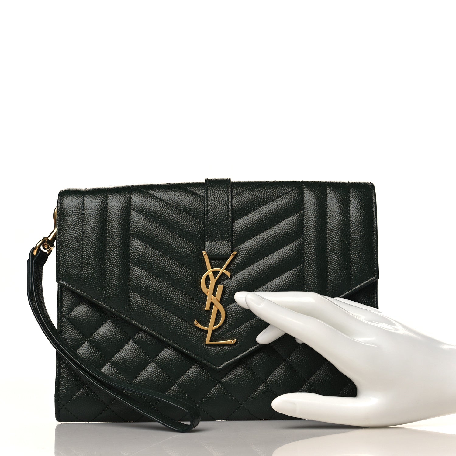 Saint Laurent Grain De Poudre Textured Mixed Matelasse Triquilt Monogram Clutch Vert Fonce 3 of 10
