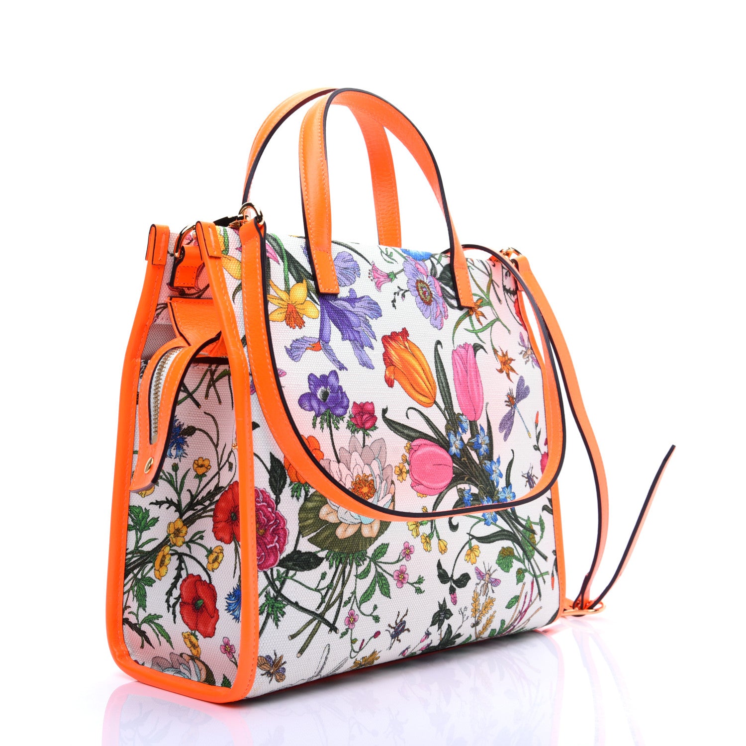 Gucci Canvas Medium Flora Tote White Multicolor Orange Fluo 3 of 14