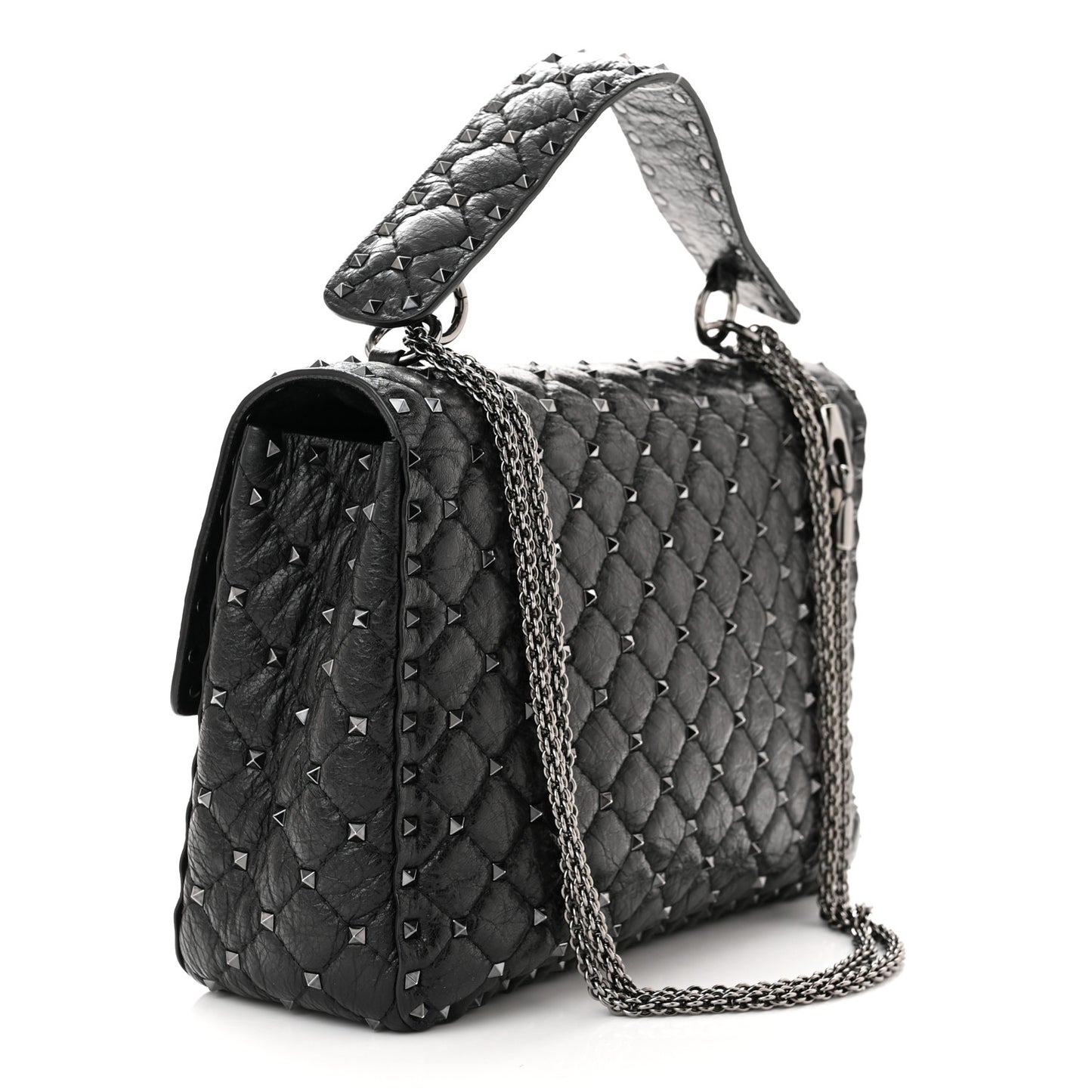 Craquele Nappa Large Rockstud Spike Shoulder Bag Black