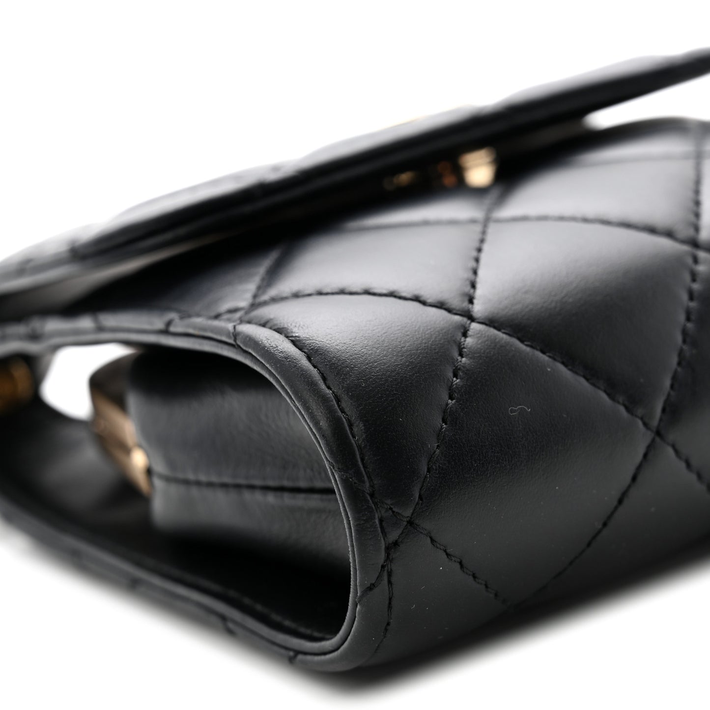 Lambskin Quilted Kiss Lock Top Handle Flap Clutch With Chain Black