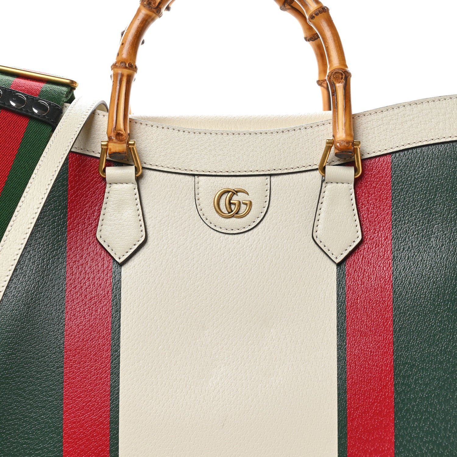 Gucci Textured Dollar Calfskin Web Stripe Studded Maxi Diana Tote Bag White Multicolor 6 of 9