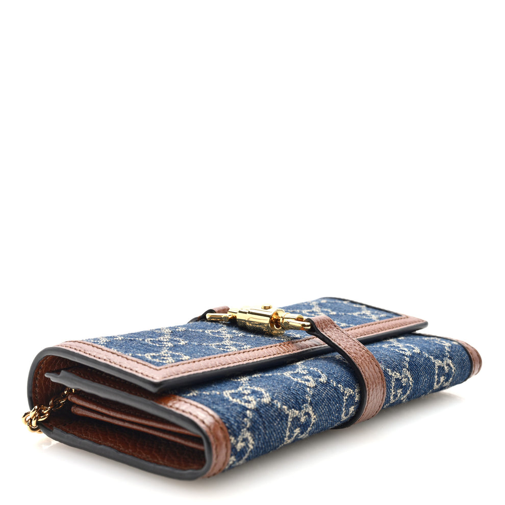 Gucci New Denim GG Monogram Jackie 1961 Chain Wallet Blue Tea Cuir ...
