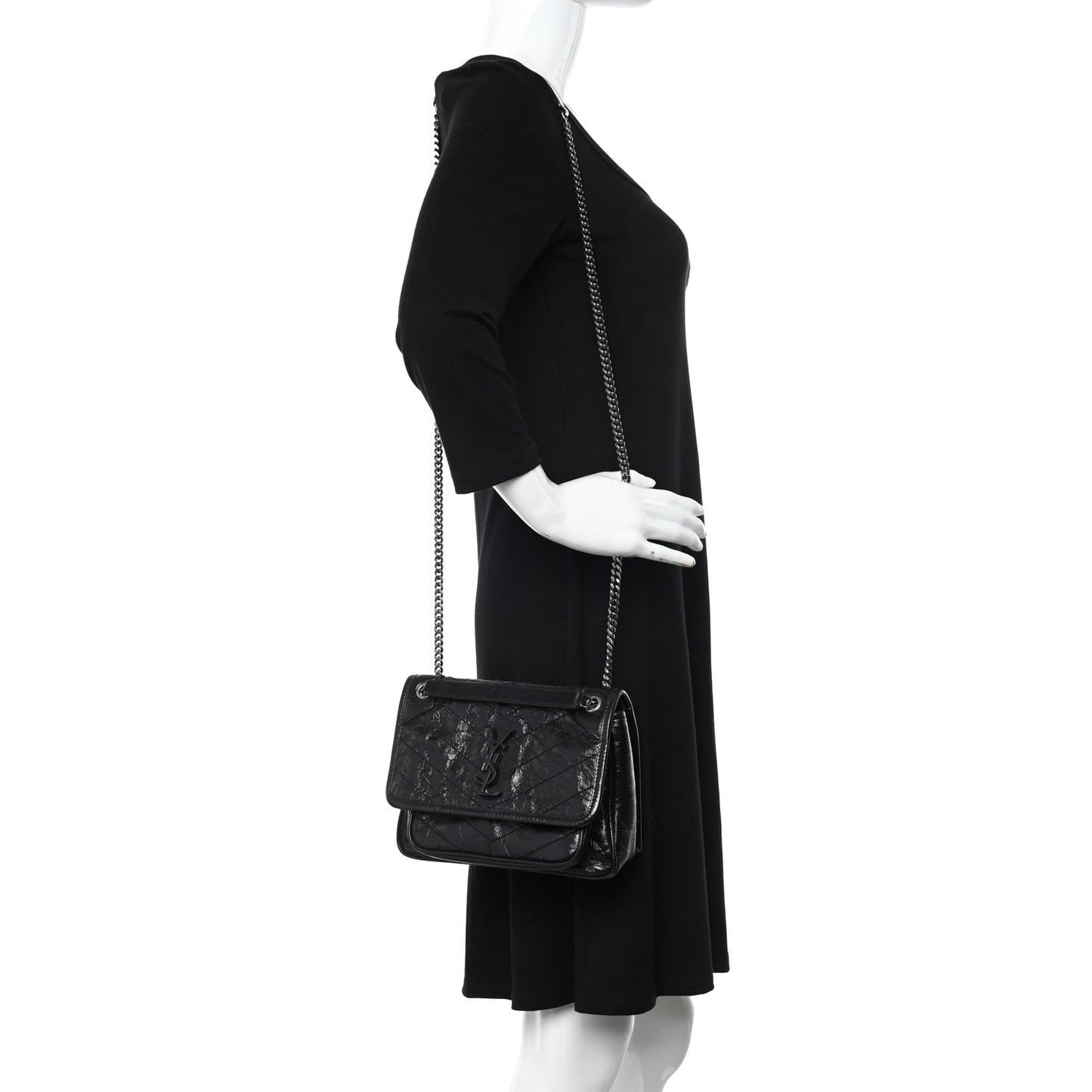 Crinkled Calfskin Matelasse Monogram Baby Niki Chain Satchel Black