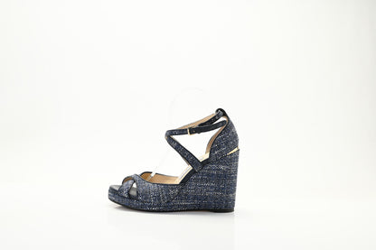 Jimmy Choo Tweed Alanah 105 Wedge Sandals 39.5 Blue 1 of 18