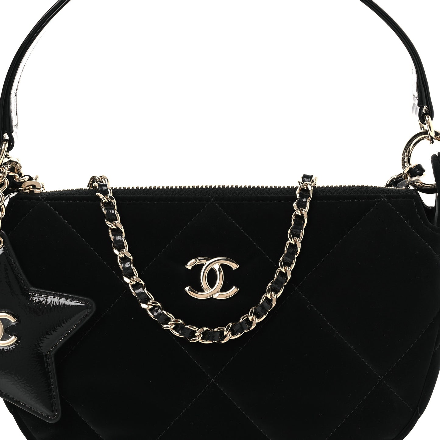 Velvet Effect Nylon Shiny Crumpled Calfskin Coco Neige Quilted Clutch With Chain Black