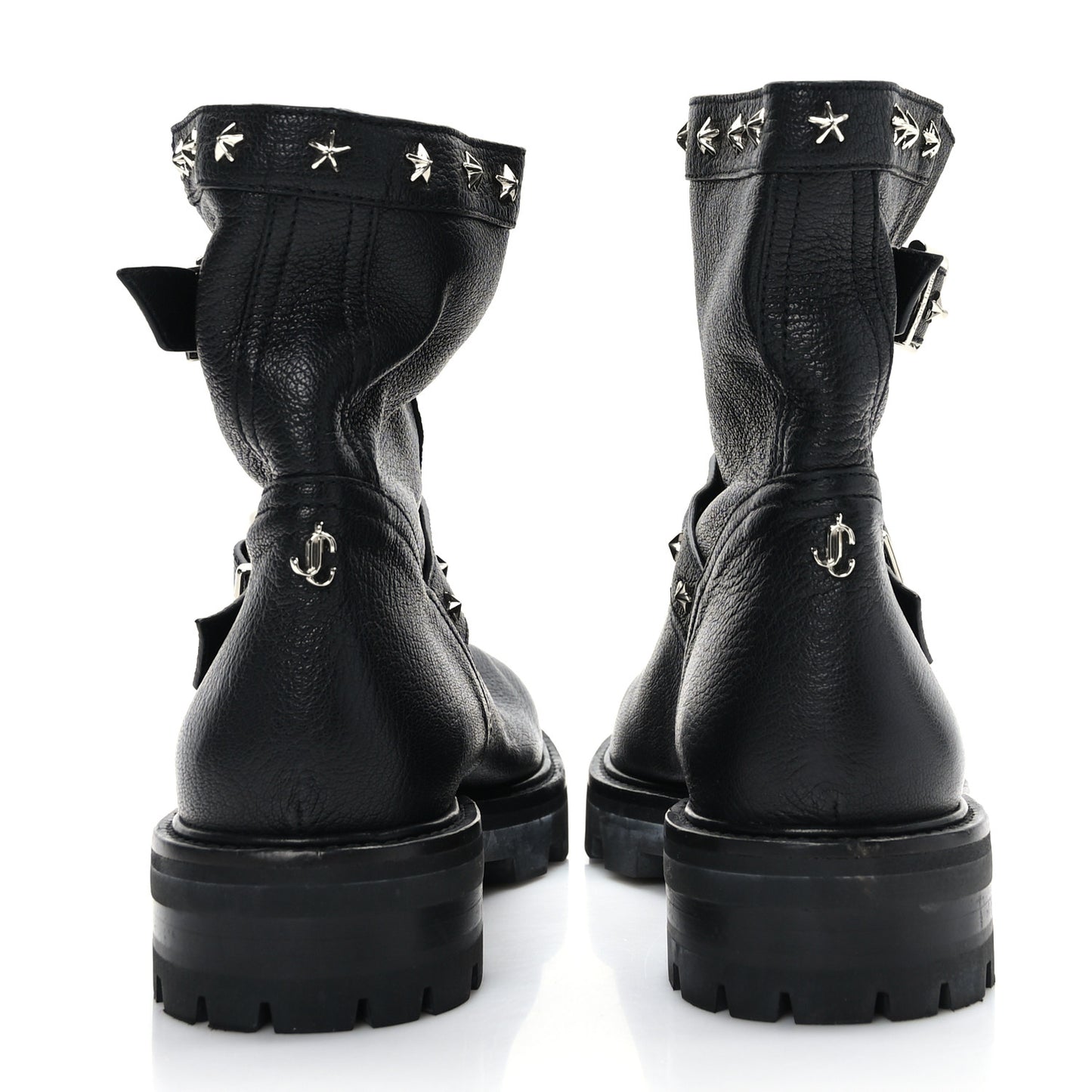 Grained Calfskin Star Biker Boots 40.5 Black