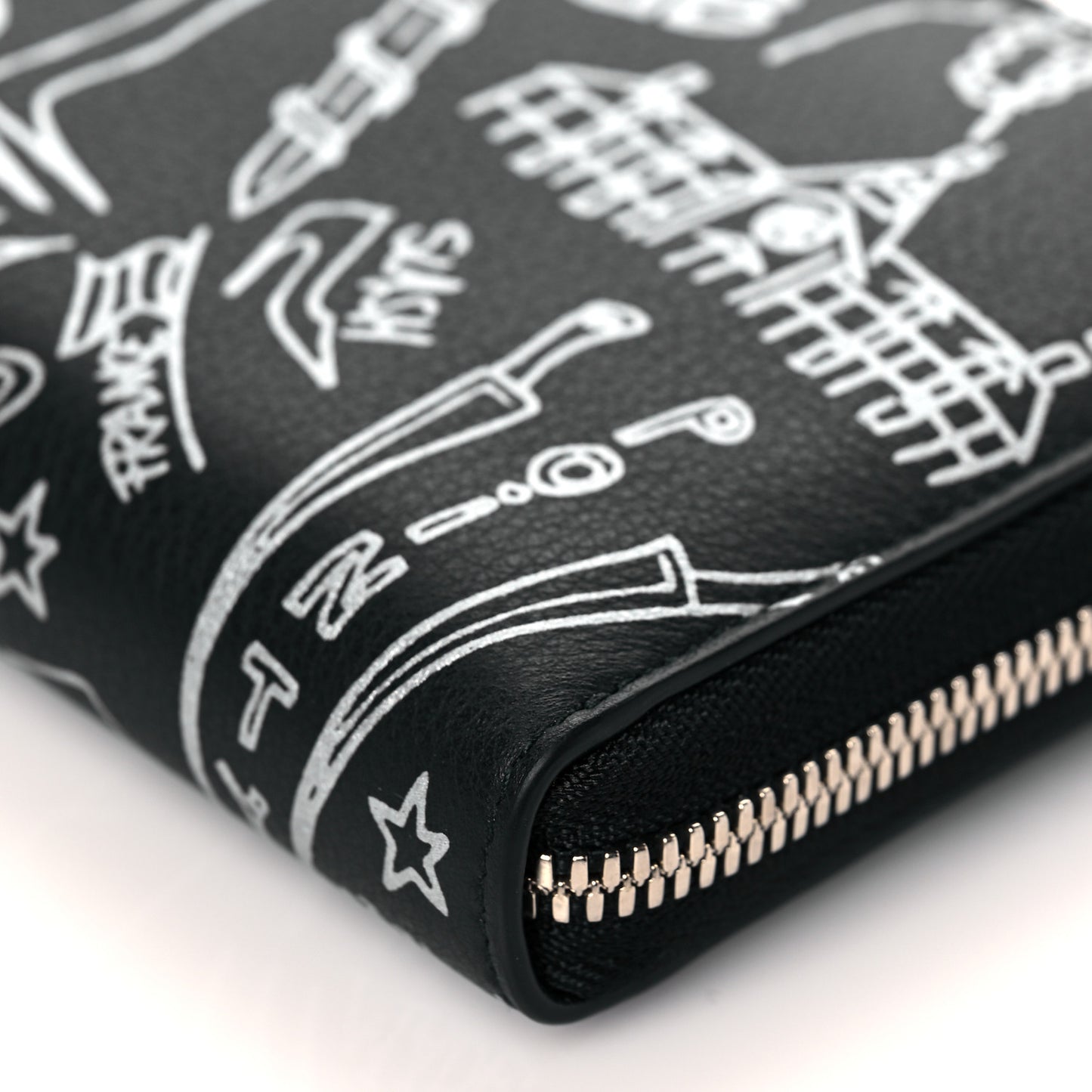 Calfskin Classic Silver Hardware Printed Tattoo Everyday Continental Zip Around Wallet Black