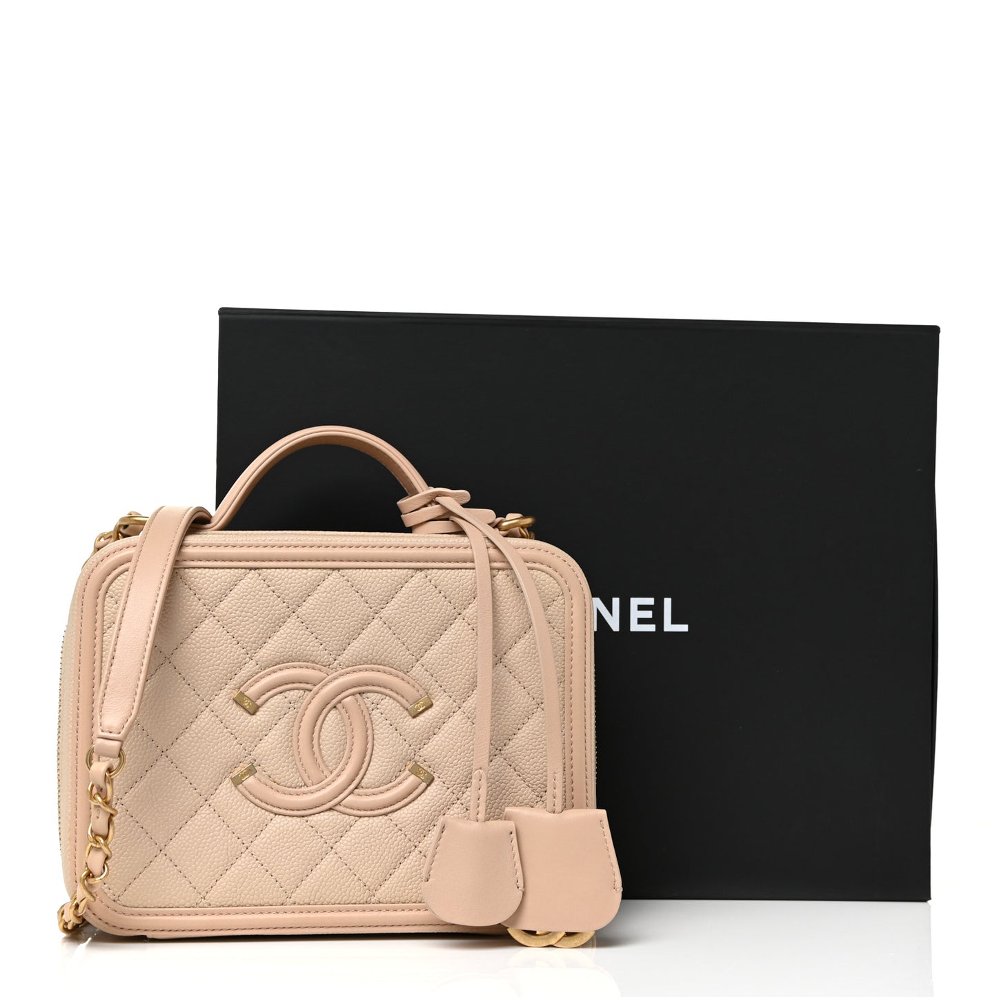 Caviar Quilted Medium CC Filigree Vanity Case Beige
