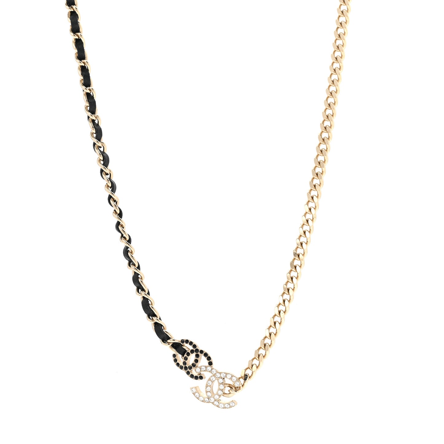 Metal Calfskin Crystal Double CC Short Necklace Black Gold