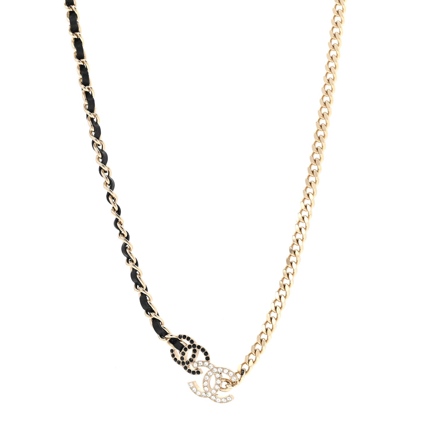 Chanel Metal Calfskin Crystal Double CC Short Necklace Black Gold 1 of 6