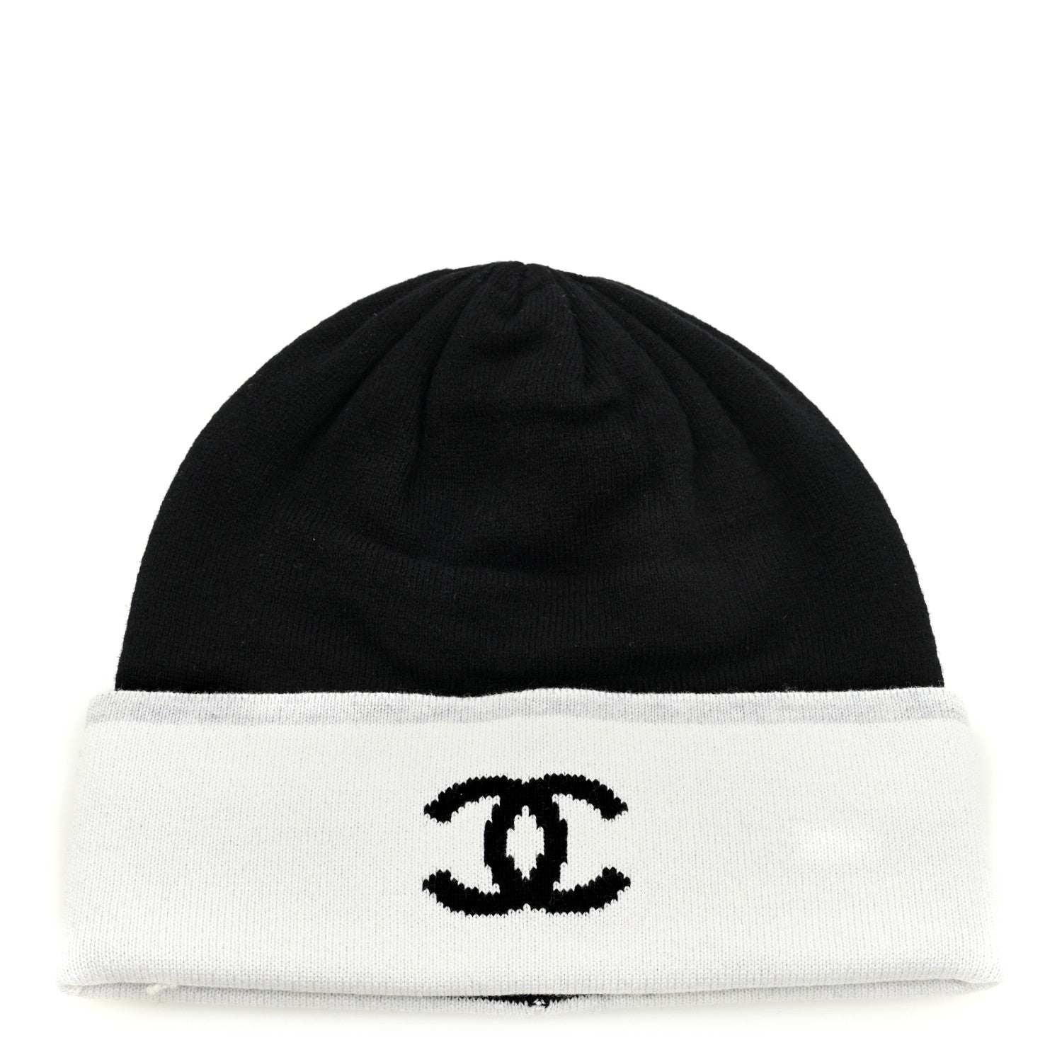 Chanel Cashmere Cotton CC Beanie Hat Black Light Grey White 1 of 4