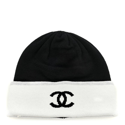 Chanel Cashmere Cotton CC Beanie Hat Black Light Grey White 1 of 4