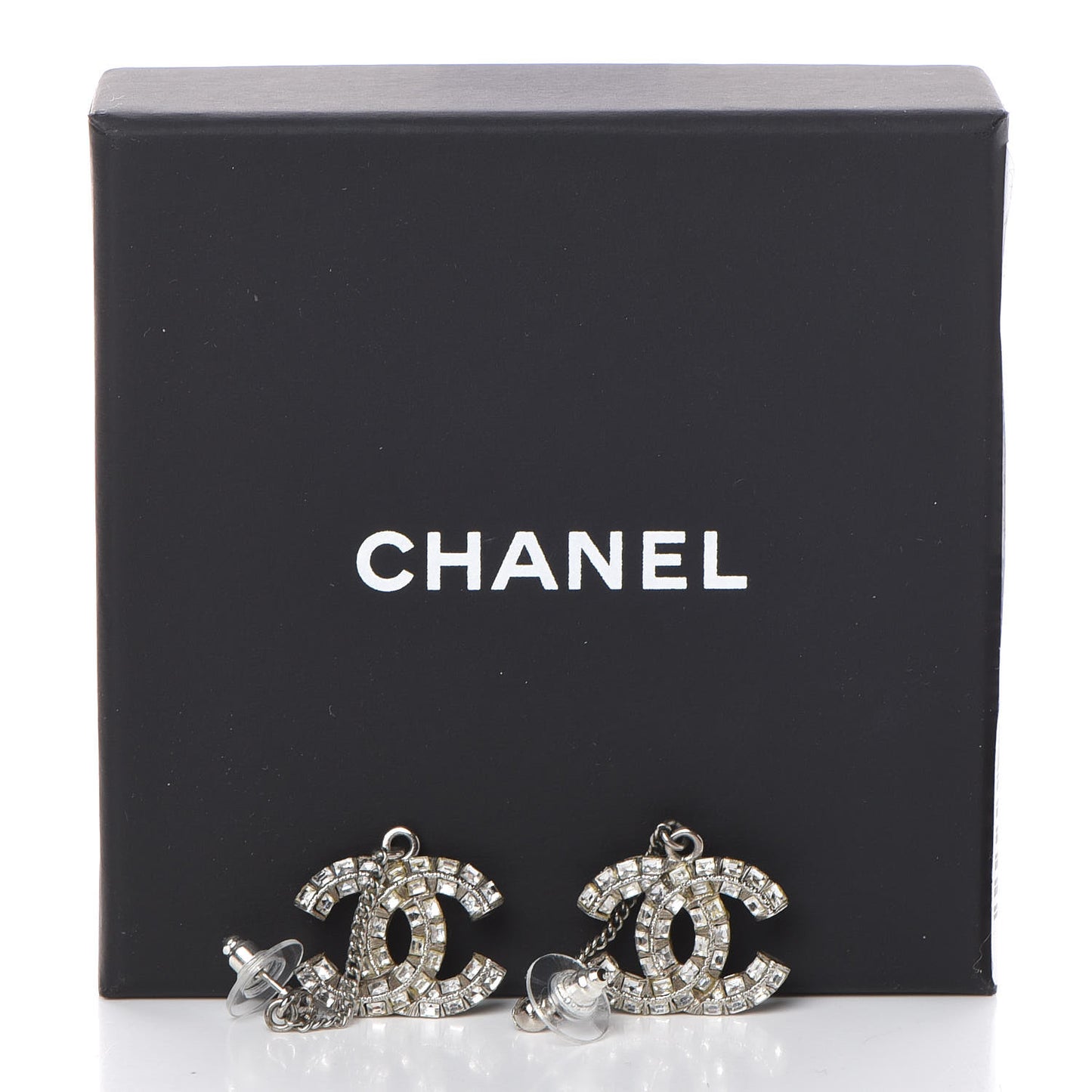 Baguette Crystal CC Drop Earrings Silver