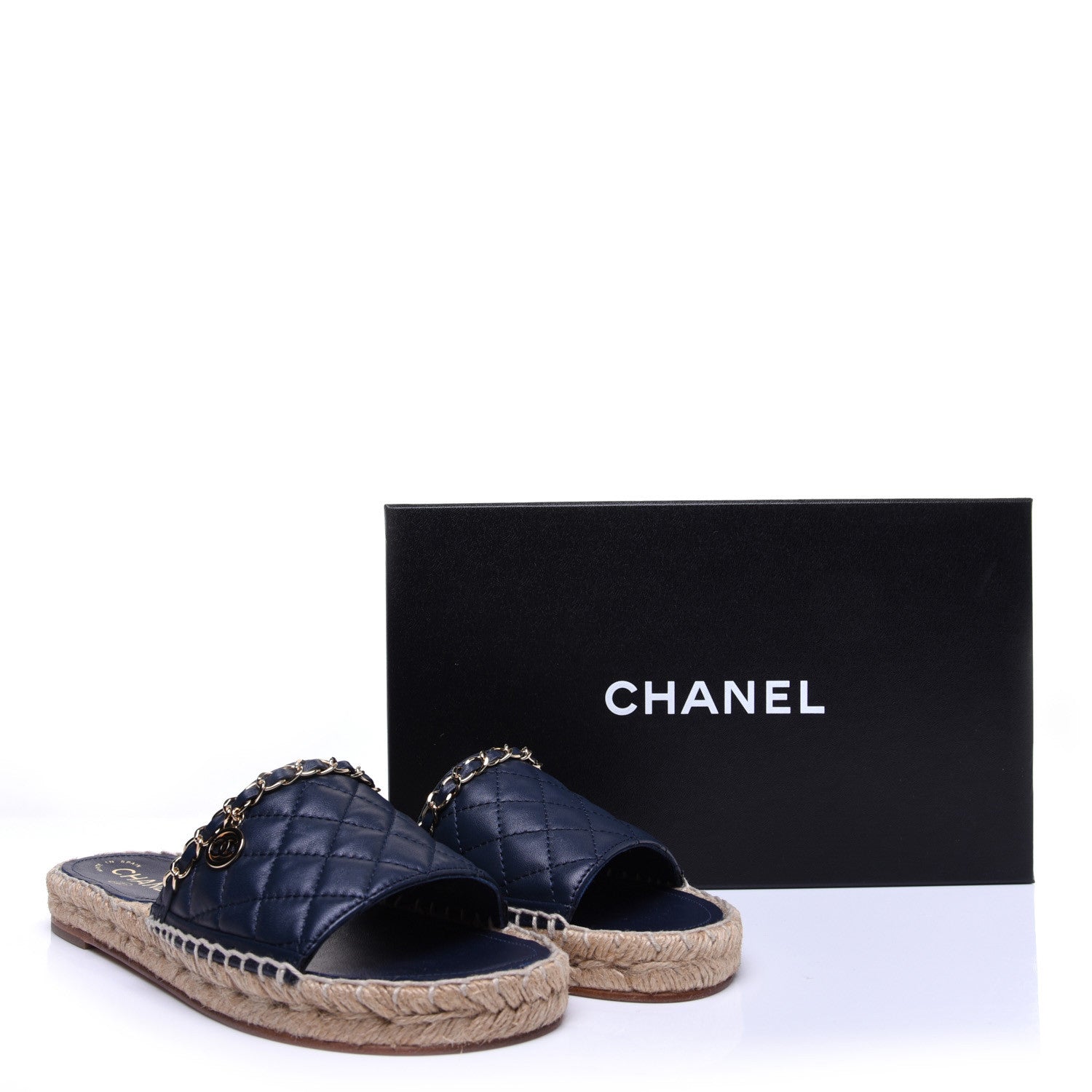 Chanel Lambskin Quilted CC Espadrille Slip On Sandals 37 Navy 12 of 12