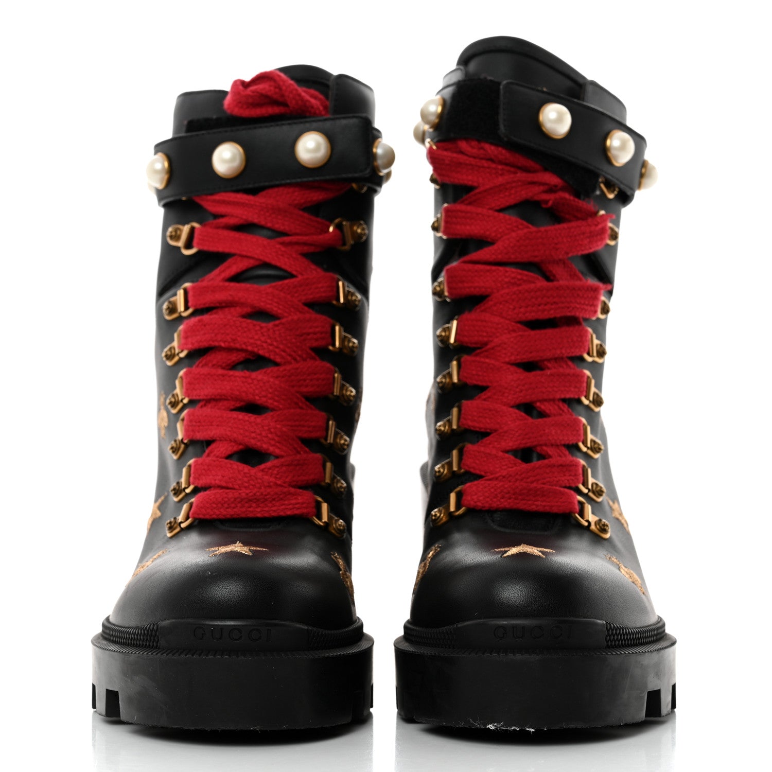 Gucci Calfskin Embroidered Lace Up Combat Ankle Boots 40.5 Black 2 of 9