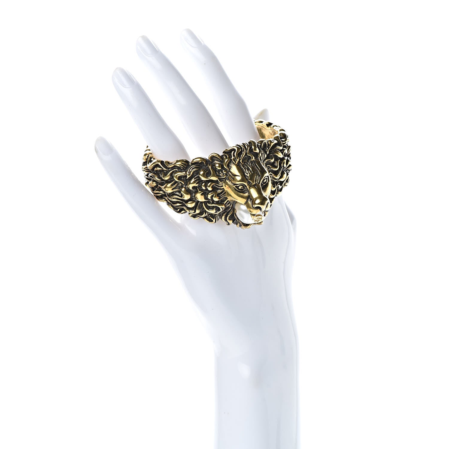 Gucci Metal Pearl Lion Head Cuff Bracelet 18 Aged Gold 2 of 7