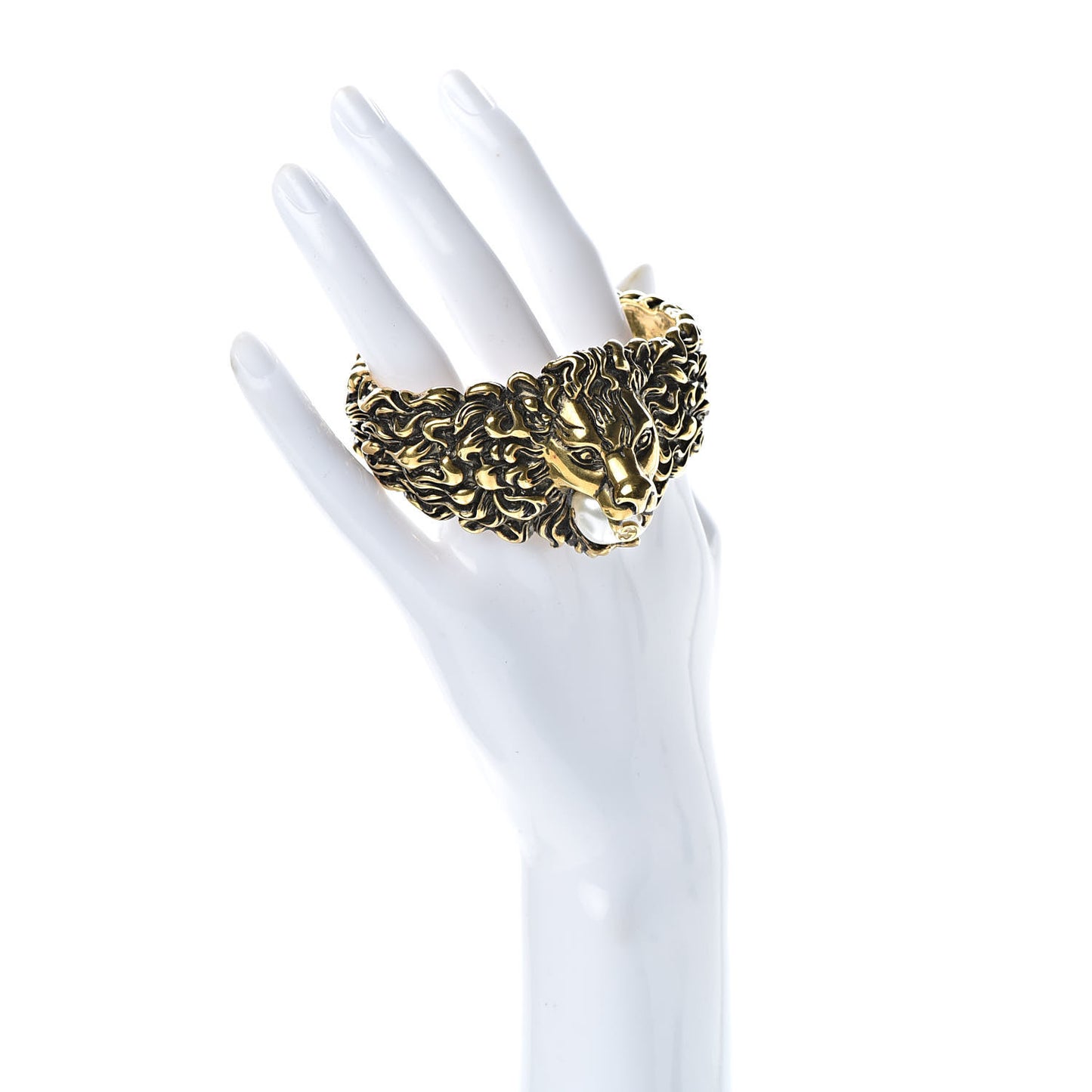 Metal Pearl Lion Head Cuff Bracelet 18 Aged Gold