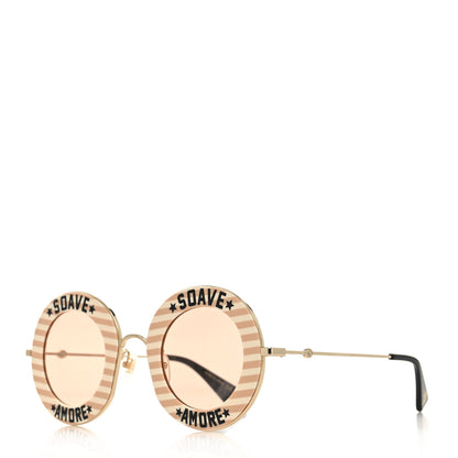 Gucci Metal Acetate Striped Soave Amore Round Frame Sunglasses GG0113S Gold Pink 1 of 7