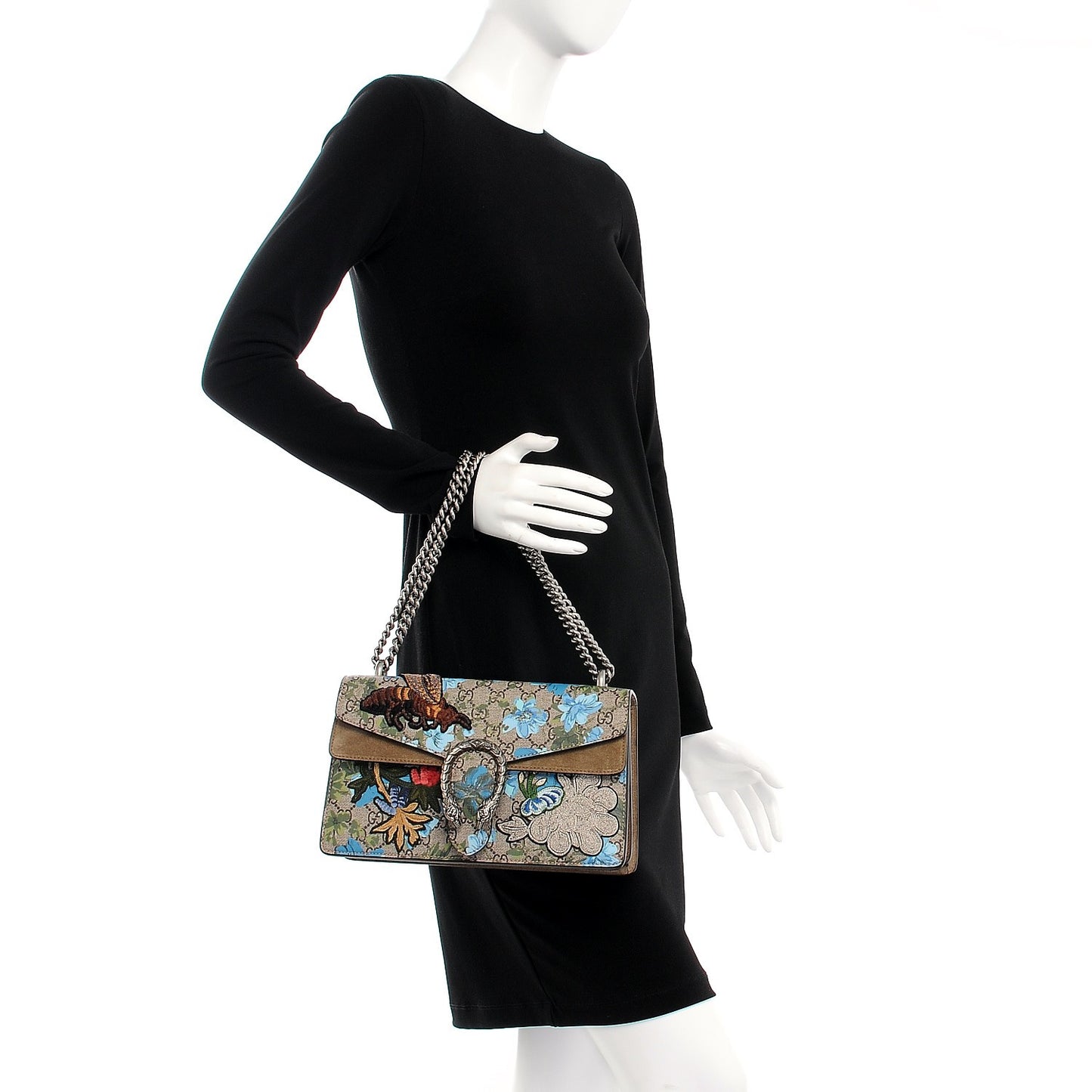 GG Supreme Monogram Blooms Print Embroidered Small Dionysus Shoulder Bag Blue Taupe