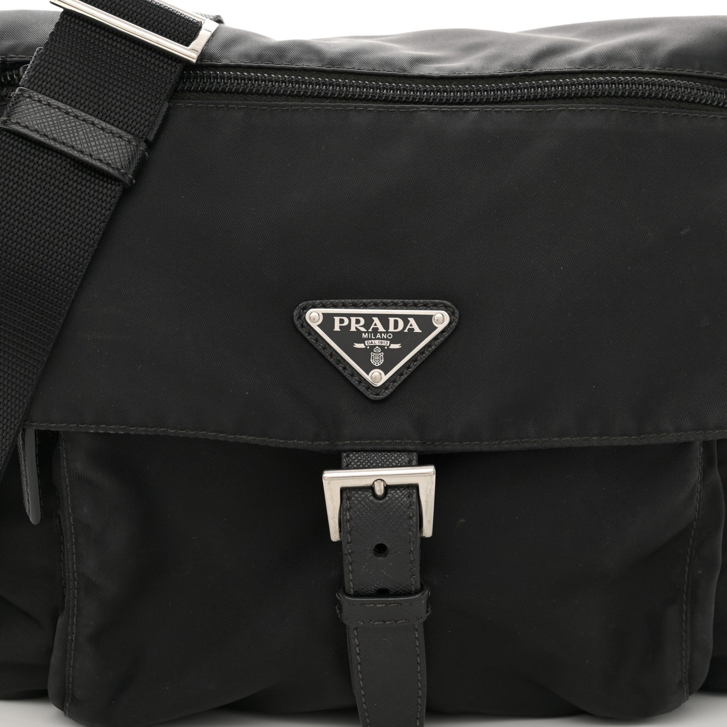 Re-Nylon Vela Saffiano Pocket Single Buckle Messenger Shoulder Bag Black