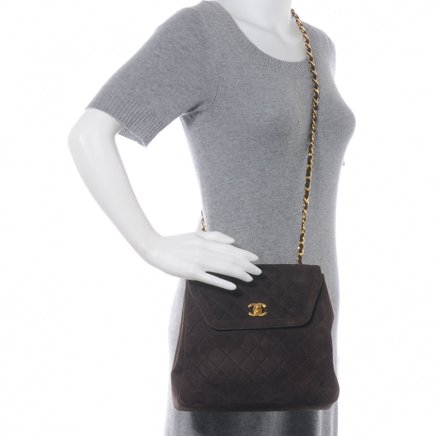 Quilted Suede Flap Shoulder Bag Brown