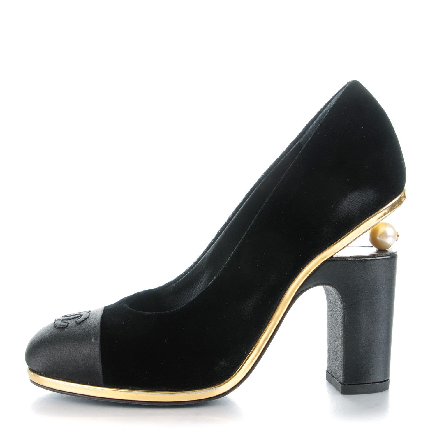 Chanel Velvet Satin Cap Toe Pearl Pumps 37 Black 1 of 8