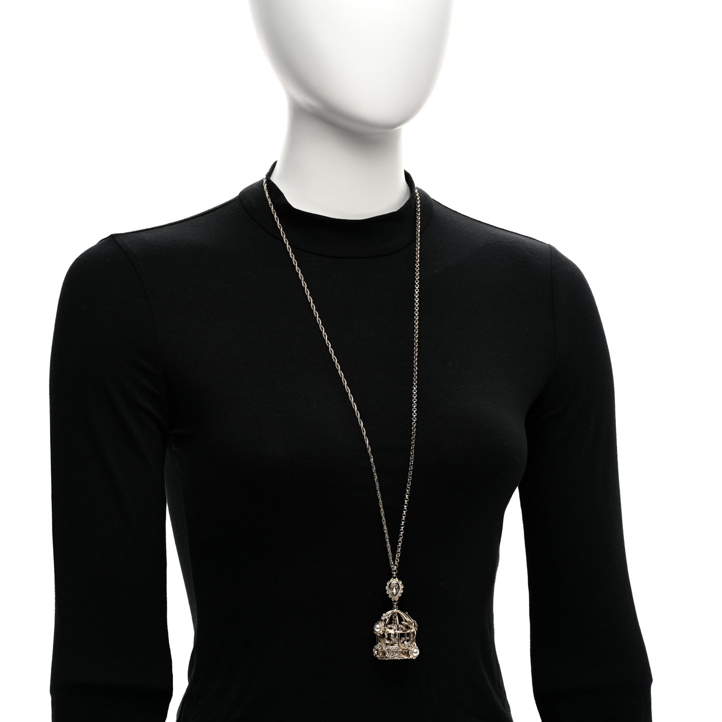 Metal Crystal Logo Bird Cage Necklace Gold
